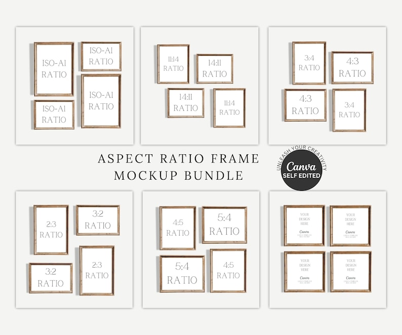 May include: A mockup of 12 different aspect ratio frames with gold frames. The frames are arranged in three rows of four. The frames are all empty and ready to be filled with photos or artwork. The frames are labeled with their aspect ratios, such as 1:1, 4:3, and 3:2.
