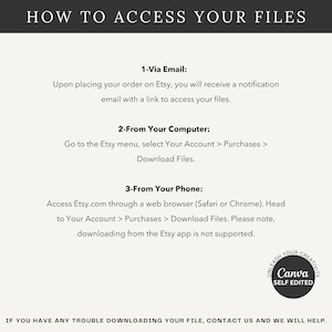 Puede incluir: Un gr&aacute;fico instructivo titulado HOW TO ACCESS YOUR FILES con tres pasos: 1-Via Email, 2-From Your Computer y 3-From Your Phone. Incluye instrucciones para compras en Etsy y un logotipo de Canva Self Edited en la esquina inferior derecha.