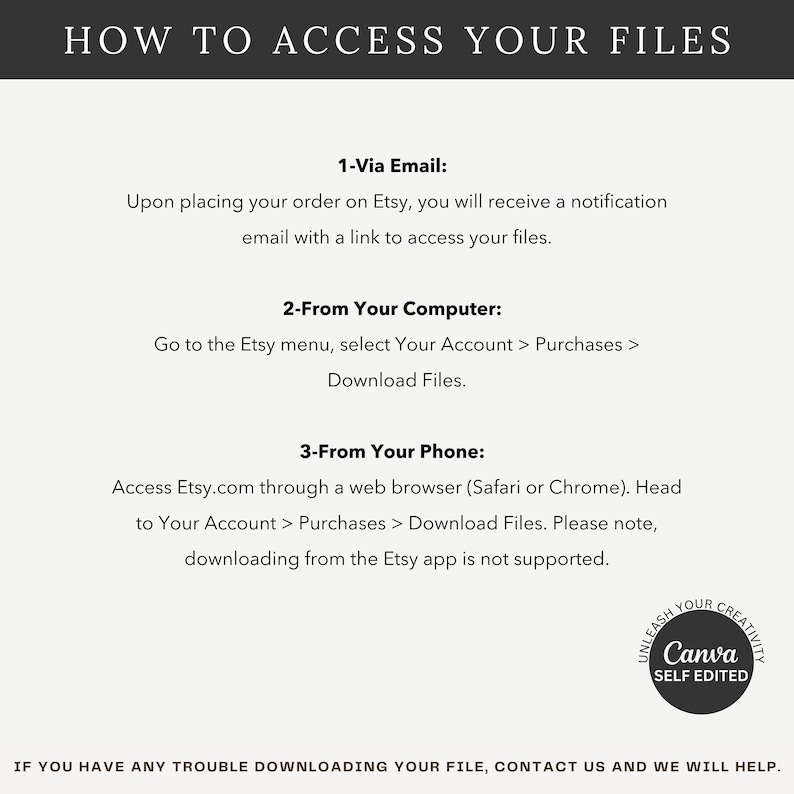 Puede incluir: Un gr&aacute;fico instructivo titulado HOW TO ACCESS YOUR FILES con tres pasos: 1-Via Email, 2-From Your Computer y 3-From Your Phone. Incluye instrucciones para compras en Etsy y un logotipo de Canva Self Edited en la esquina inferior derecha.