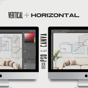 Two Sets Frame Size Guide, Vertical & Horizontal Wall Art Size Guides: Editable Templates for Photoshop and Canva