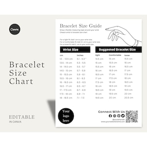 May include: A chart with instructions on how to measure your wrist for a bracelet. The chart shows wrist sizes in inches and centimeters, and the corresponding bracelet sizes in centimeters. The chart also includes a hand illustration showing how to measure your wrist.