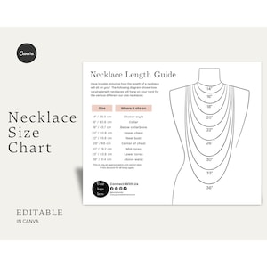 Pode incluir: Uma infografia branca intitulada Necklace Length Guide apresentando um desenho de linha preta de um pescoço e tronco com vários comprimentos de colar de 14 a 36 polegadas indicados. Inclui uma tabela que mapeia tamanhos para posições corporais.