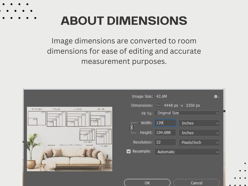 May include: A screenshot of a computer screen showing a dialog box with the title "Image Size". The dialog box contains options for adjusting the image dimensions, including width, height, resolution, and resampling. The width is set to 139 inches, the height is set to 104.688 inches, and the resolution is set to 32 pixels per inch. The resampling option is set to "Automatic".