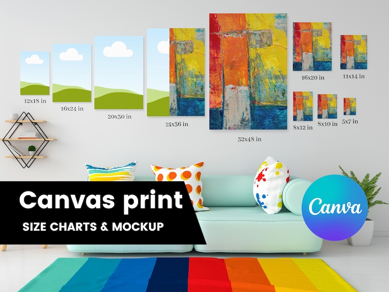 May include: A mockup of a living room with a light blue sofa and a rainbow rug. The wall has several framed canvas prints with different abstract and landscape designs. The sizes of the prints are listed in inches. The text "Canvas print" and "SIZE CHARTS & MOCKUP" are displayed below the sofa. The Canva logo is in the lower right corner.