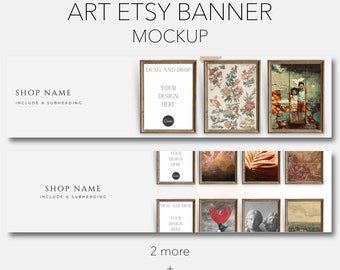 May include: Etsy banner mockup with a white background and text that says "Art Etsy Banner Mockup". The banner has a place to add your shop name and a subheading. There are several frames with different images that can be replaced with your own designs. The text "Drag and Drop Your Design Here" is included in the mockup. The text "2 more + Endless Possibilities" is also included.