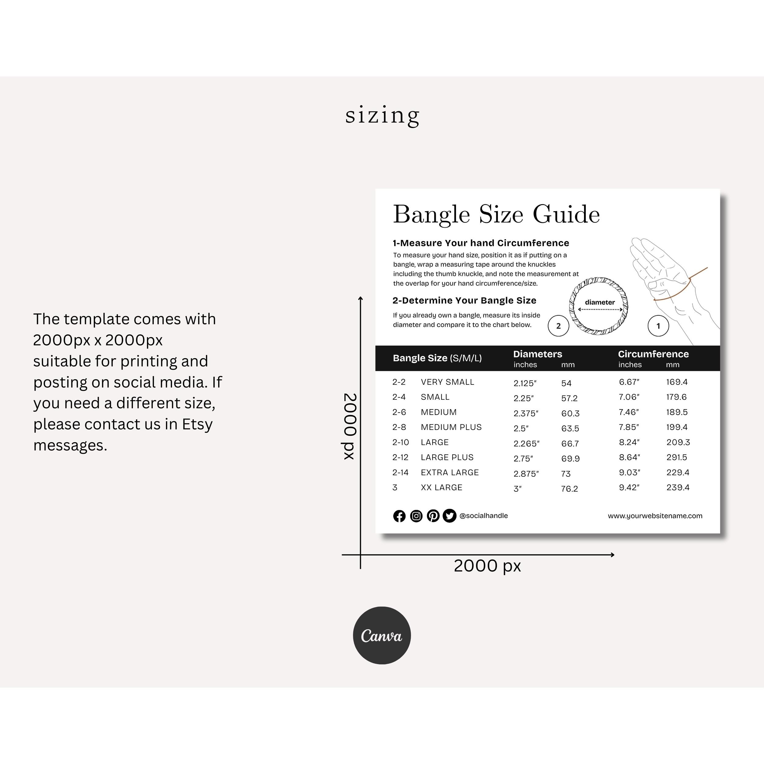 Editable Bangle Size Chart Template: Printable Jewelry Sizing Guide ...