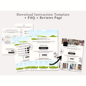 May include: A digital download instruction template featuring an FAQ and reviews page. The layout includes placeholders for shop names, product links, and related products, decorated with black line-art flower illustrations on a white background.