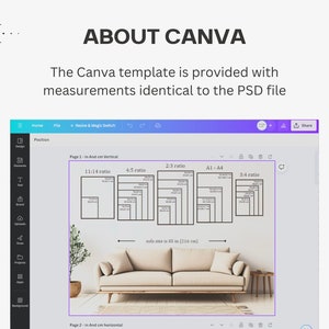 May include: A digital interface showing a Canva template with various frame aspect ratios including 11:14, 4:5, 2:3, A1-A4, and 3:4. The graphic displays a beige sofa with a width of 85 inches, illustrating how different print sizes appear on a wall.