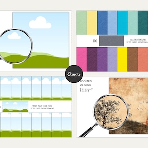 Puede incluir: Un conjunto de 100 fondos de papel digital con diversas texturas y dise&ntilde;os. La primera imagen muestra un cielo azul con nubes blancas y colinas verdes. La segunda imagen muestra una variedad de texturas de cuero en diferentes colores. La tercera imagen muestra un fondo de estilo vintage con un &aacute;rbol y una puesta de sol. El texto "WRITE YOUR TITLE HERE" est&aacute; incluido en la imagen.