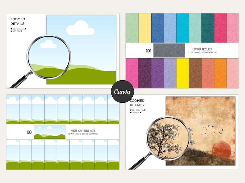 Puede incluir: Un conjunto de 100 fondos de papel digital con diversas texturas y dise&ntilde;os. La primera imagen muestra un cielo azul con nubes blancas y colinas verdes. La segunda imagen muestra una variedad de texturas de cuero en diferentes colores. La tercera imagen muestra un fondo de estilo vintage con un &aacute;rbol y una puesta de sol. El texto "WRITE YOUR TITLE HERE" est&aacute; incluido en la imagen.