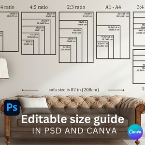 Bewerkbare maattabel voor muurkunst voor Photoshop en Canva: aanpasbare afmetingen en indelingen