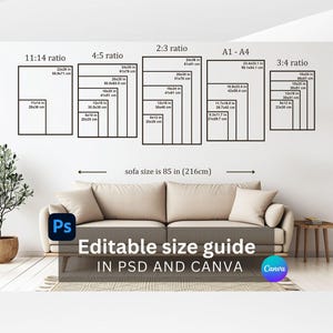 Puede incluir: Una guía de tamaños editable para arte mural con varias relaciones de aspecto incluyendo 11:14, 4:5, 2:3, A1-A4 y 3:4 con dimensiones en pulgadas y centímetros. El gráfico incluye el texto Editable size guide IN PSD AND CANVA.