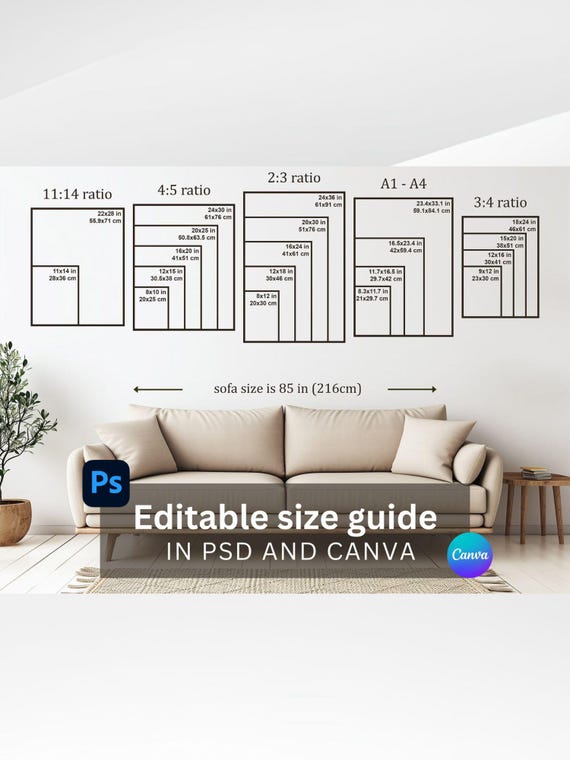 Editable Wall Art Size Guide: Canva & Photoshop (Digital Download)