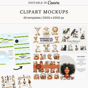 Puede incluir: Un listado de producto digital para maquetas de cliparts editables en Canva con 45 plantillas. La imagen muestra varias ilustraciones en acuarela que incluyen animales, temas de Halloween y motivos otoñales junto a textos descriptivos.