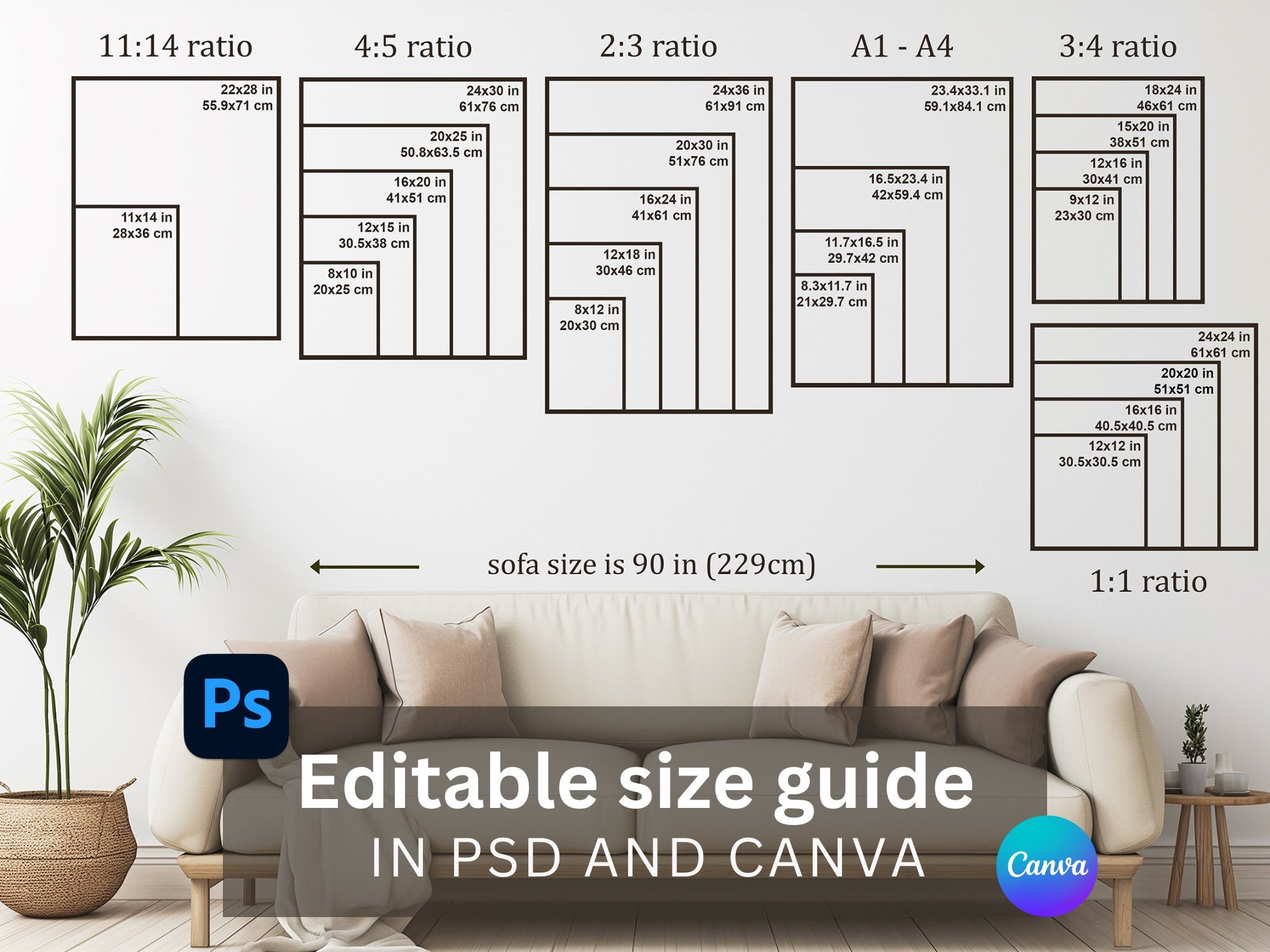 Editable Gallery Wall Art Size Guide: Canva & Photoshop Template