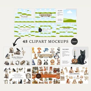 May include: A digital collection of 45 clipart mockups featuring watercolour illustrations of Gothic Halloween scenes, cute animals labelled Cuddle Critters, and cosy Christmas themes, presented in a grid layout with text labels and Canva branding.