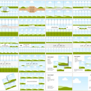 Puede incluir: Una plantilla de presentaci&oacute;n con un dise&ntilde;o de paisaje verde y azul. La plantilla incluye una diapositiva de t&iacute;tulo, diapositivas de datos y diapositivas de caracter&iacute;sticas. El texto en las diapositivas dice "Tu t&iacute;tulo aqu&iacute;", "Escribe tu t&iacute;tulo aqu&iacute;" y "&iquest;Caracter&iacute;sticas?"