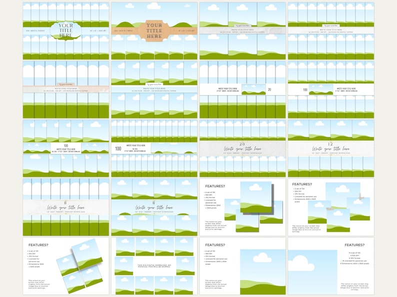 Puede incluir: Una plantilla de presentaci&oacute;n con un dise&ntilde;o de paisaje verde y azul. La plantilla incluye una diapositiva de t&iacute;tulo, diapositivas de datos y diapositivas de caracter&iacute;sticas. El texto en las diapositivas dice "Tu t&iacute;tulo aqu&iacute;", "Escribe tu t&iacute;tulo aqu&iacute;" y "&iquest;Caracter&iacute;sticas?"