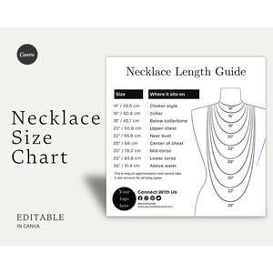 May include: A black and white necklace size chart infographic featuring a diagram of a neck and torso with various necklace lengths labeled from 14 inches to 36 inches. The chart includes a table listing sizes in inches and centimeters.
