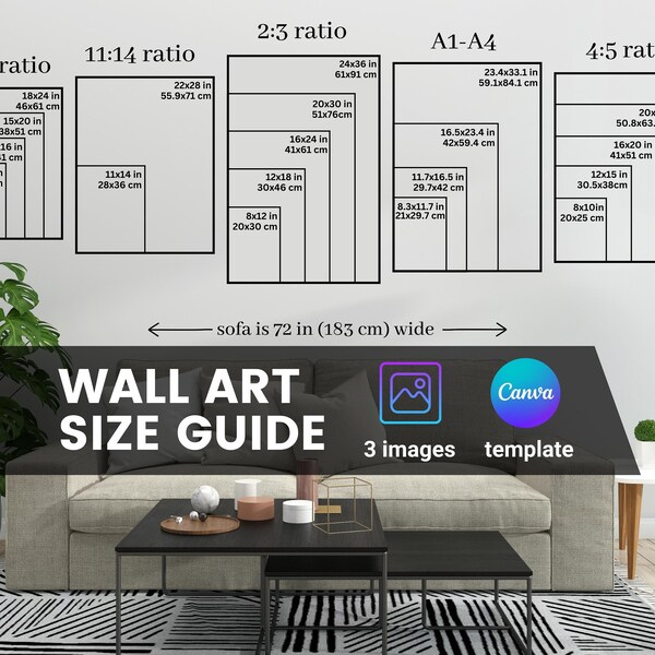 Guide des tailles pour les oeuvres d'art murales, Guide des tailles du cadre, Guide des tailles d'impression, Guide des tailles pour impression numérique, Guide des proportions pour les oeuvres d'art murales, Guide des tailles pour les oeuvres d'art, modifiable sur toile