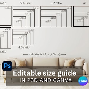 壁アートのサイズガイド psd | Canva 壁アートのサイズテンプレート | ポスターのサイズ表 | 壁アートの比率ガイド | アートのサイズ表のモックアップ | 印刷のサイズガイド
