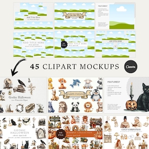 Puede incluir: Un conjunto de 45 maquetas de clipart de acuarela con varios temas, que incluyen Halloween gótico, Cuddle Critters y una colección acogedora de Navidad. Las maquetas se muestran sobre un fondo blanco e incluyen una variedad de elementos, como calabazas, coronas y animales.