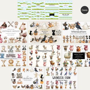 Puede incluir: Un conjunto de 100 ilustraciones de acuarela con animales de granja caprichosos, criaturas de guarder&iacute;a y rosas antiguas. Las ilustraciones son perfectas para crear dise&ntilde;os digitales, scrapbooking y otros proyectos creativos.