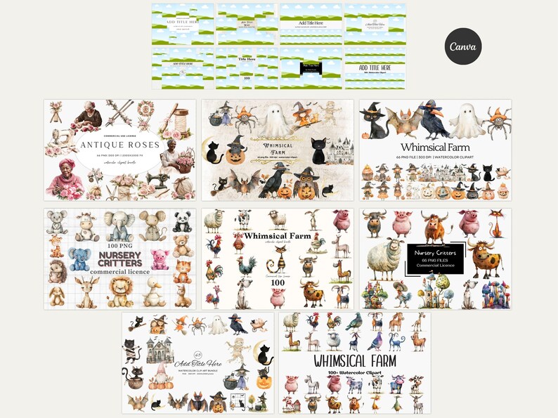 Puede incluir: Un conjunto de 100 ilustraciones de acuarela con animales de granja caprichosos, criaturas de guarder&iacute;a y rosas antiguas. Las ilustraciones son perfectas para crear dise&ntilde;os digitales, scrapbooking y otros proyectos creativos.