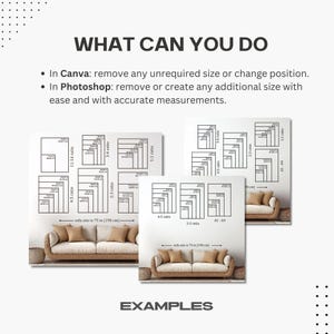 Editable wall art size guide template showcasing how different sizes appear in a modern room setting. Suitable for Canva and Photoshop, this ready-to-use image helps visualize wall art dimensions for any space
