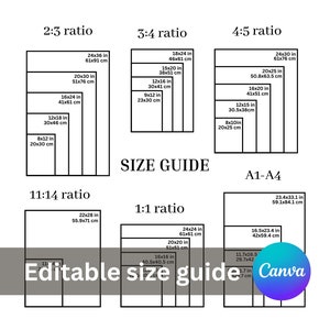 Guía de tamaño de arte de pared minimalista, Guía de tamaño de marco vertical, Guía de tamaño de marco, Guía de tamaño de impresión, Guía de proporción de arte de pared, Tabla de guía de tamaño de arte,