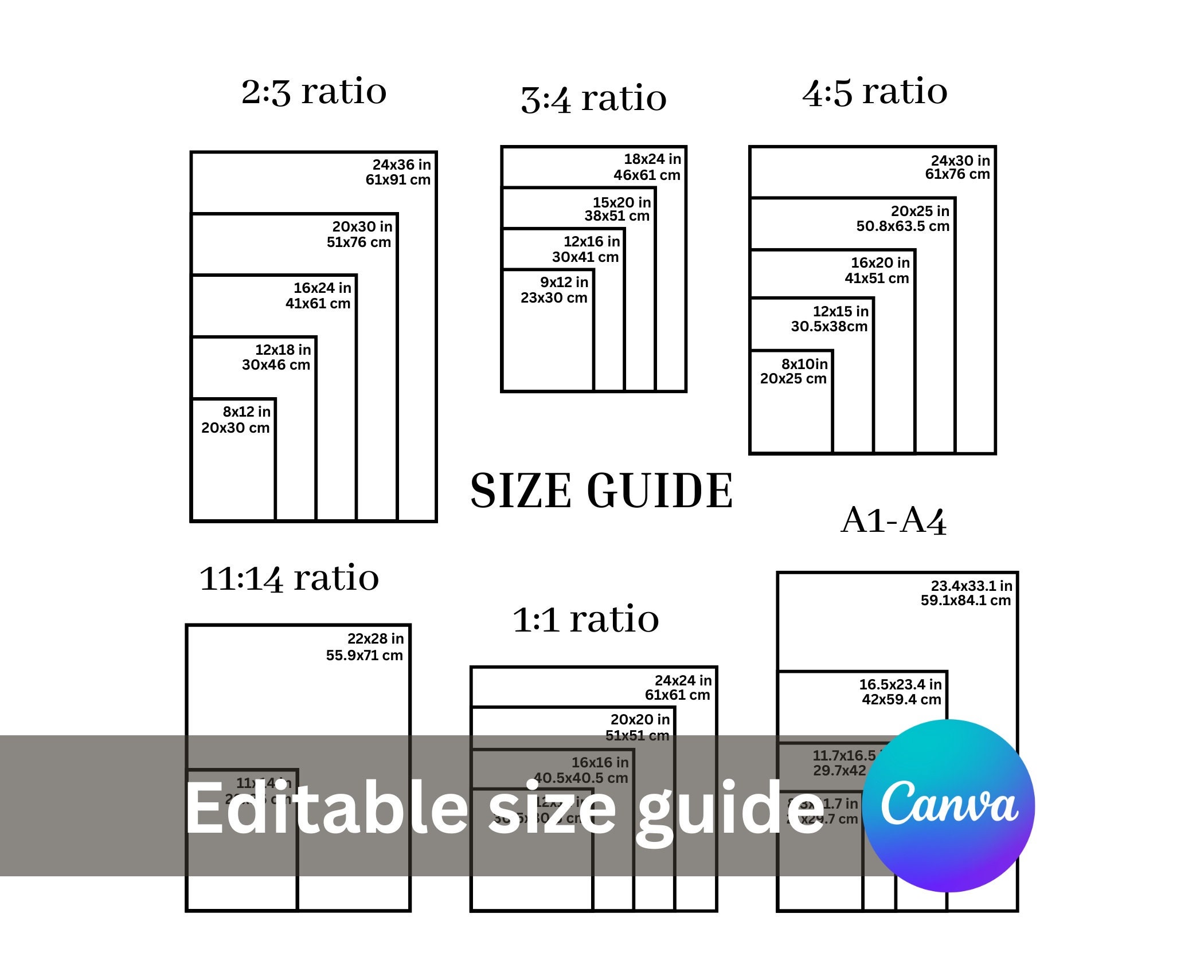 Guide des tailles pour décoration murale verticale : modèle de toile modifiable (PDF)