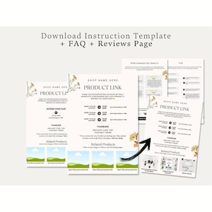 Op de afbeelding: Een digitale download-instructiesjabloon met een FAQ- en beoordelingenpagina. Het document bevat secties voor productlinks, klantfeedback en gerelateerde producten, versierd met bloemenillustraties en een zwarte pijlgrafiek.