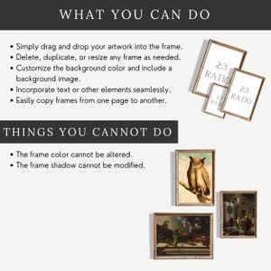 Puede incluir: Un gr&aacute;fico digital de instrucciones para una herramienta de maquetas de marcos. El texto enumera las capacidades: arrastrar y soltar ilustraciones, cambiar el tama&ntilde;o de los marcos, personalizar fondos, a&ntilde;adir texto y copiar marcos.