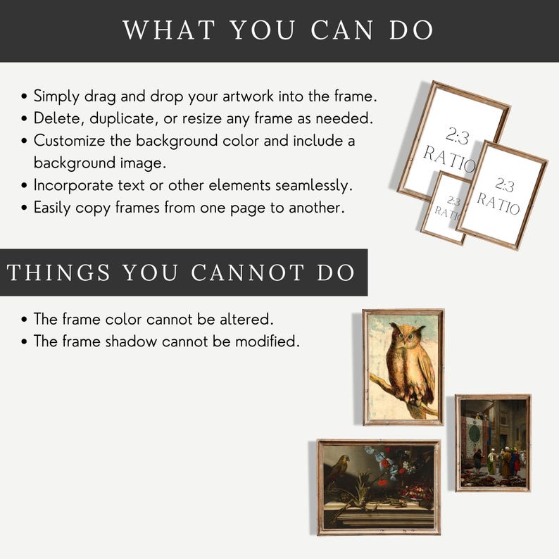 Puede incluir: Un gr&aacute;fico digital de instrucciones para una herramienta de maquetas de marcos. El texto enumera las capacidades: arrastrar y soltar ilustraciones, cambiar el tama&ntilde;o de los marcos, personalizar fondos, a&ntilde;adir texto y copiar marcos.