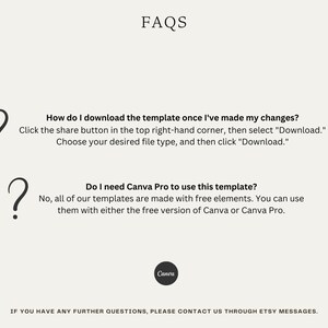 Puede incluir: Preguntas frecuentes sobre la descarga y el uso de una plantilla de Canva. El texto dice: "&iquest;C&oacute;mo descargo la plantilla una vez que he realizado mis cambios? Haz clic en el bot&oacute;n para compartir en la esquina superior derecha, luego selecciona "Descargar". Elige el tipo de archivo que deseas y luego haz clic en "Descargar". &iquest;Necesito Canva Pro para usar esta plantilla? No, todas nuestras plantillas est&aacute;n hechas con elementos gratuitos. Puedes usarlas con la versi&oacute;n gratuita de Canva o Canva Pro."