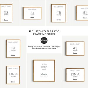 Puede incluir: Once maquetas de marcos personalizables con diferentes proporciones, incluyendo 2:3, 3:2, 4:5, 5:4, 3:4, 4:3 y DIN A. Cada marco tiene un borde dorado y el texto "Drag & Drop" y "Ratio" en negro.