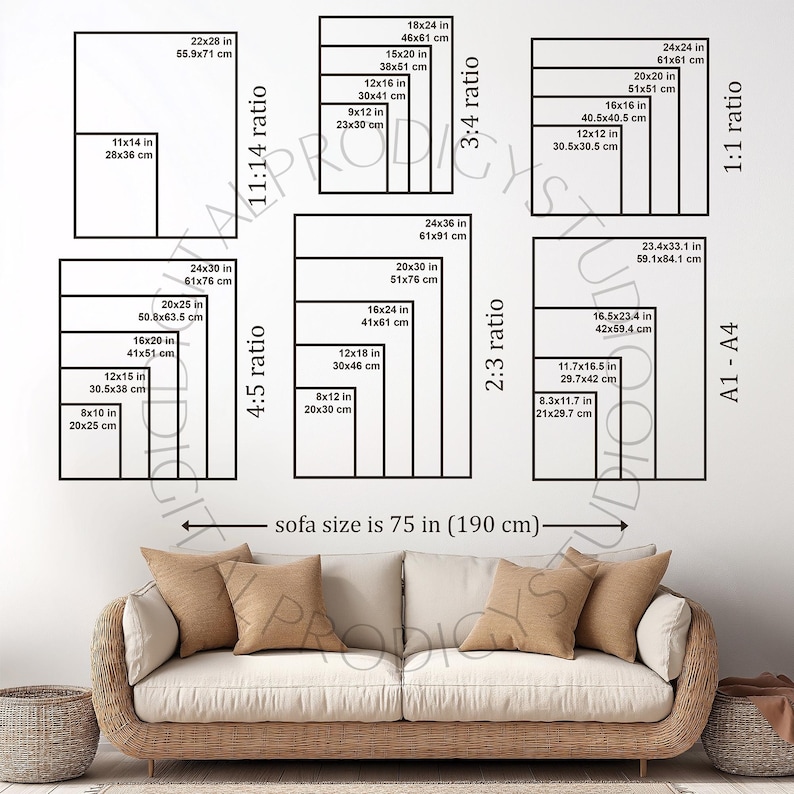 Wall Art Size Guide, Frame Size Guide, Print Size Guide, Digital Print Size Guide, Wall Art Ratio Guide, Art Size Guide, editable in canva