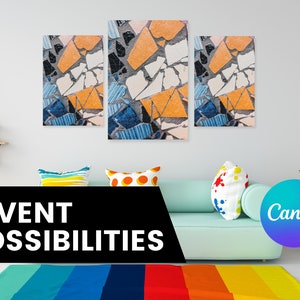 May include: A teal sofa with colorful pillows in a living room setting. Three abstract art pieces with a mosaic pattern in blue, white, and orange hang on the wall. The text "INVENT POSSIBILITIES" is displayed on a black background in front of the sofa. A small plant in a white pot is on the right side of the sofa. A blue and purple circle with the word "Canva" is in the lower right corner of the image.