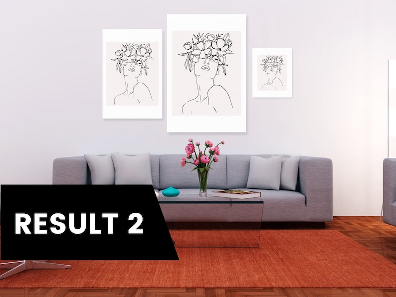 Pu&ograve; includere: Tre stampe in bianco e nero di arte lineare di una donna con fiori tra i capelli. Le stampe sono incorniciate e appese a una parete bianca sopra un divano grigio.