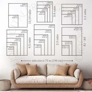 Guía de tamaños de arte de pared, Guía de tamaños de marcos, Guía de tamaños de impresión, Guía de tamaños de impresión digital, Guía de proporciones de arte de pared, Guía de tamaños de arte, editable en canva