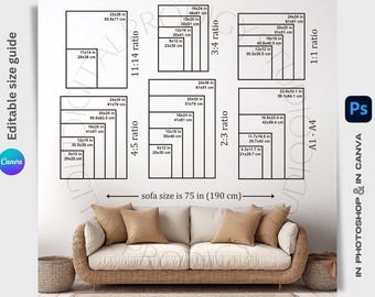 Guide des tailles pour décoration murale : modèle modifiable sur toile et photoshop (téléchargement numérique)
