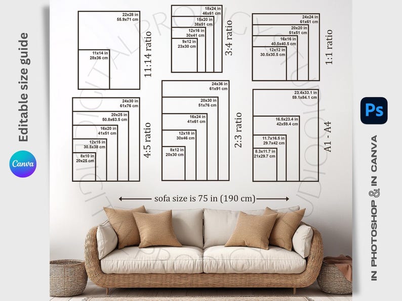 Wall Art Size Guide, Frame Size Guide, Print Size Guide, Digital Print Size Guide, Wall Art Ratio Guide, Art Size Guide, editable in canva