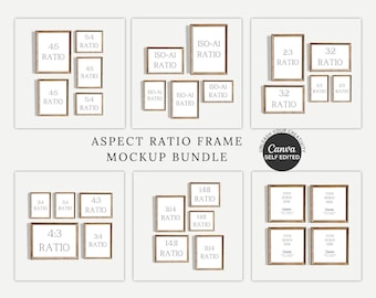 May include: A digital mockup bundle featuring six distinct sets of wooden frames arranged in various aspect ratios including 4:5, ISO-A1, 2:3, 3:4, 4:3, and 14:11. The text reads ASPECT RATIO FRAME MOCKUP BUNDLE and a circular badge says UNLEASH YOUR CREATIVITY Canva SELF EDITED.