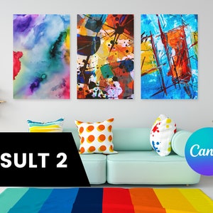May include: Three abstract paintings in a living room setting. The paintings are all different styles, with one being a watercolor, one being a geometric design, and one being a more abstract design. The paintings are all colorful and vibrant.