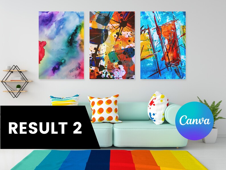 May include: Three abstract paintings in a living room setting. The paintings are all different styles, with one being a watercolor, one being a geometric design, and one being a more abstract design. The paintings are all colorful and vibrant.