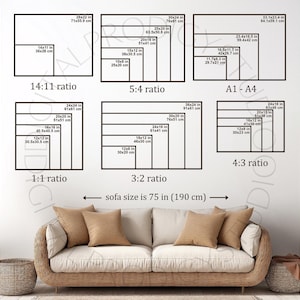 Guia de tamanhos de arte de parede horizontal, comparação de tamanhos, guia de tamanhos de moldura de pôster, guia de tamanhos de pôster, tabela de comparação editável no canva