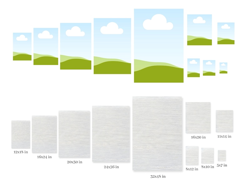 May include: A set of 10 canvas prints in various sizes, ranging from 5x7 inches to 32x48 inches. The prints feature a simple landscape design with a green hill, blue sky, and white clouds.