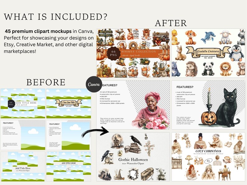 Puede incluir: Un conjunto digital de ilustraciones de 45 maquetas de clipart de acuarela en Canva. El conjunto incluye una variedad de temas, que incluyen una acogedora Navidad, un Halloween g&oacute;tico y un oto&ntilde;o caprichoso. Las maquetas son perfectas para mostrar tus dise&ntilde;os en Etsy, Creative Market y otros mercados digitales.