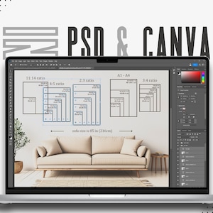 May include: A laptop screen displaying a digital design interface with PSD and Canva text. The screen shows a room interior with a beige sofa and various rectangular frame size ratios including 11:14, 4:5, 2:3, A1-A4, and 3:4, with a sofa size of 85 inches.