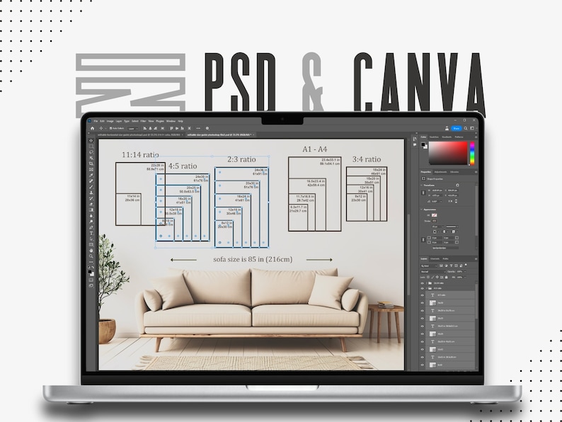 May include: A laptop screen displaying a digital design interface with PSD and Canva text. The screen shows a room interior with a beige sofa and various rectangular frame size ratios including 11:14, 4:5, 2:3, A1-A4, and 3:4, with a sofa size of 85 inches.